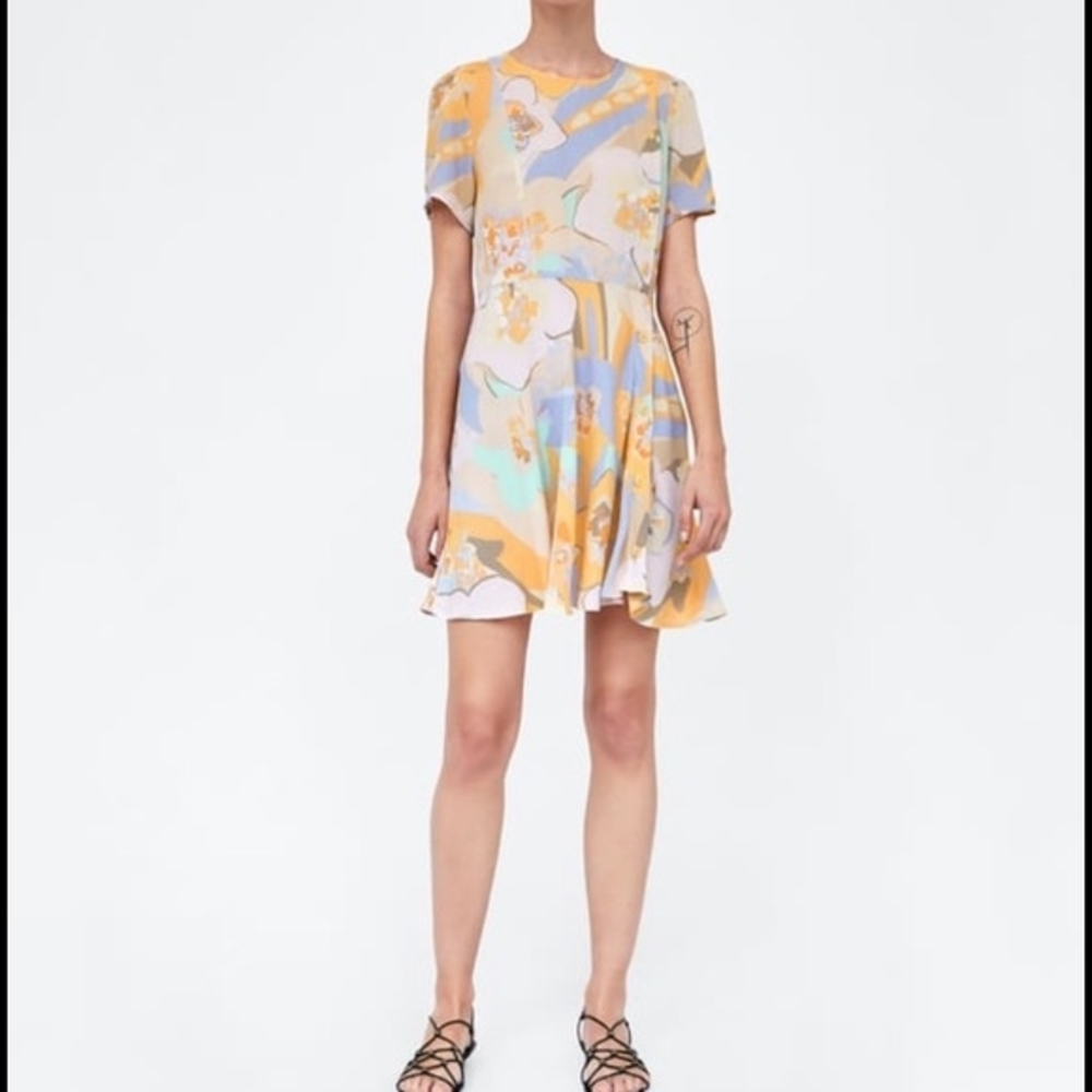 Floral Print Dress in Cream and Blue